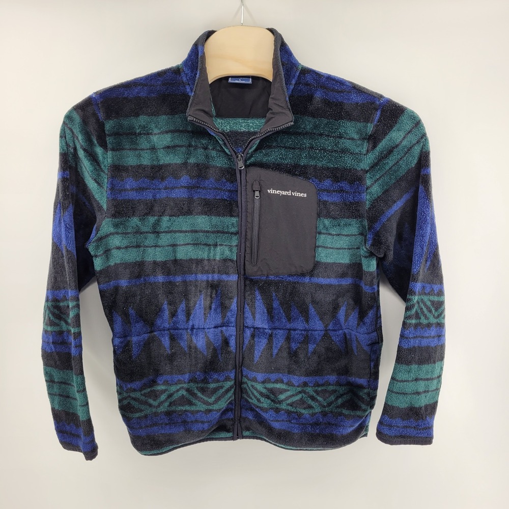 Vineyard Vines Fleece Jacket Large Aztec Pattern Full Zip‎ Black Blue Green